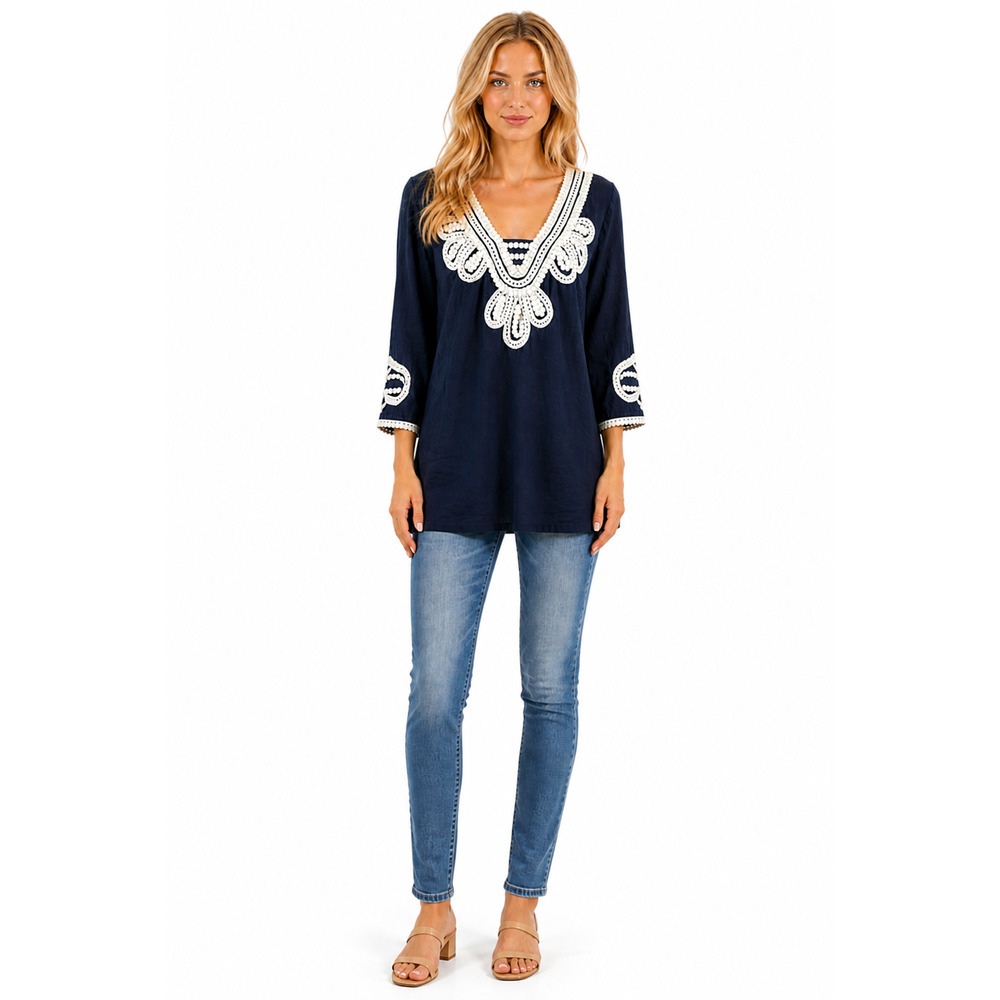 J. Crew Embroidered Tunic Size Medium Blue 100% Cotton V-Neck Coastal Boho